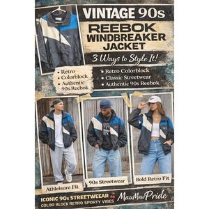 Vintage Reebok Colorblock Windbreaker Jacket Black Blue Mens Large Full Zip 90s